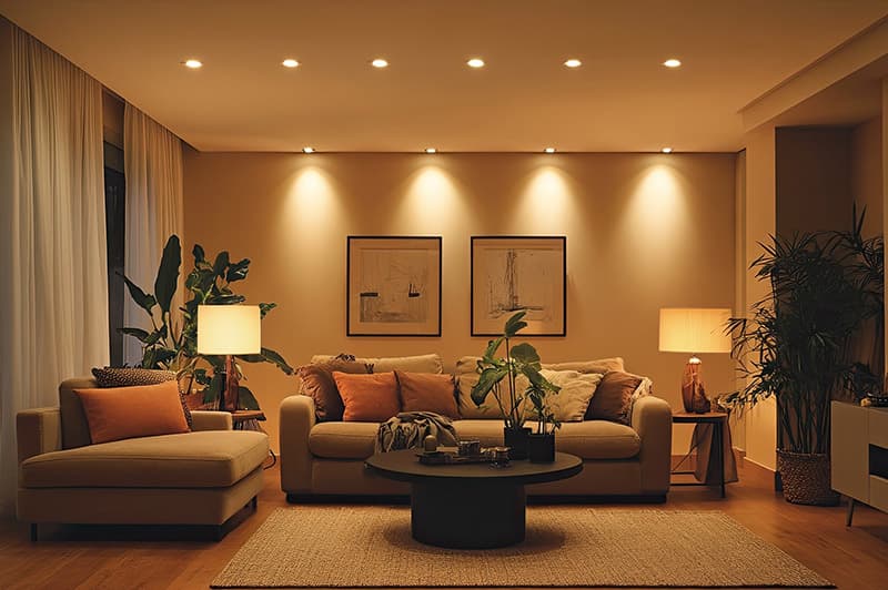 A complete home interior at evening lit with layered warm lighting creating a cozy inviting space