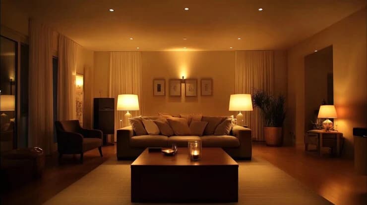 A warmly lit living room with soft lighting creating a welcoming atmosphere