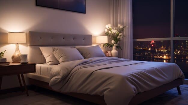 A bedroom with multiple light sources creating layered warm lighting
