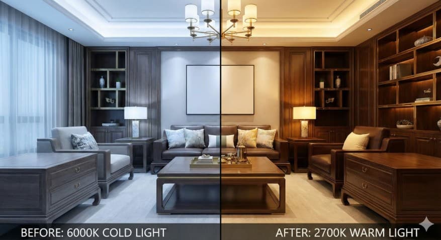 Side by side comparison of a room lit with warm versus cool-toned lighting