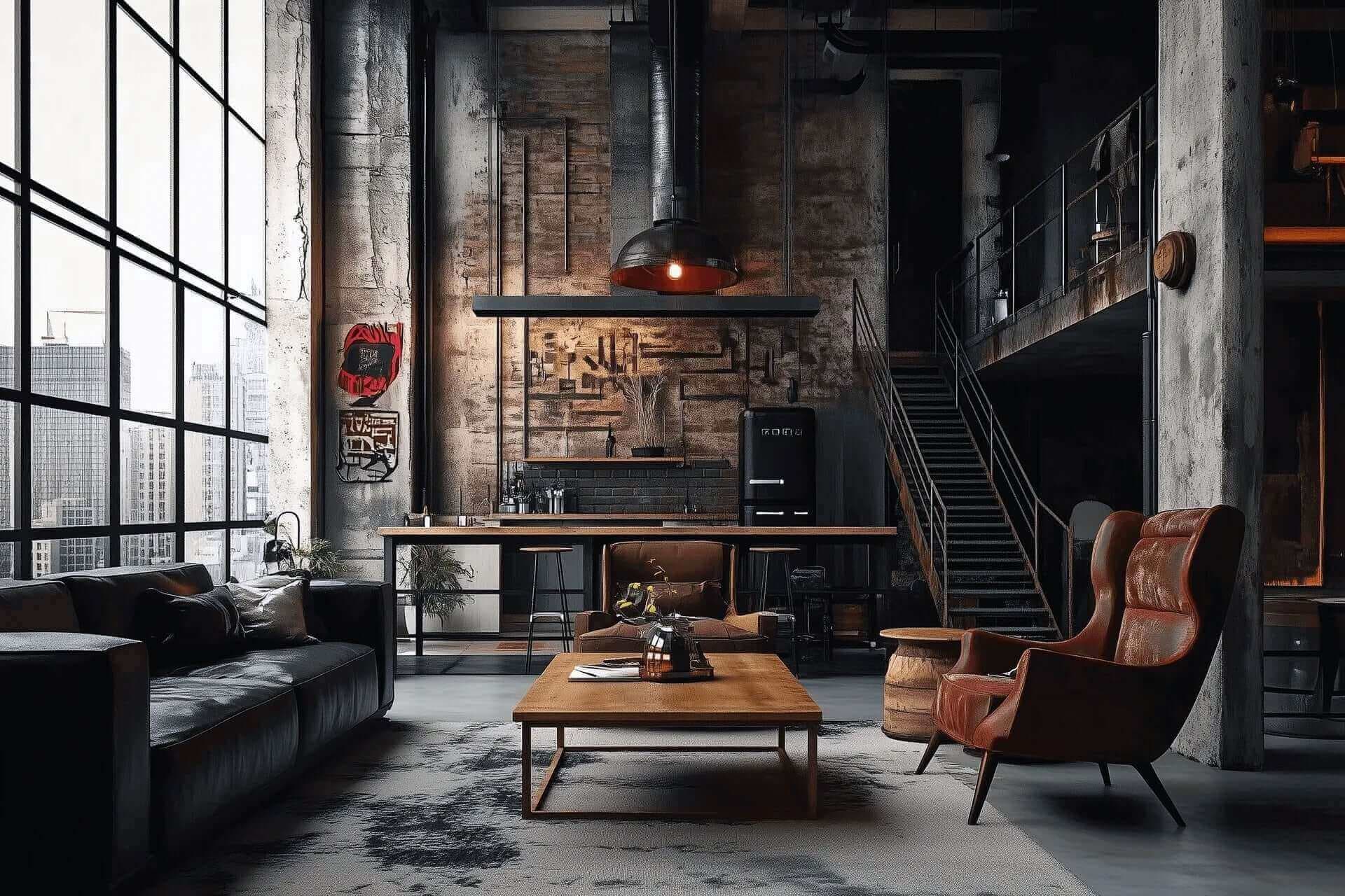 An industrial style room with an exposed brick wall, metal light fixtures, and raw timber shelving
