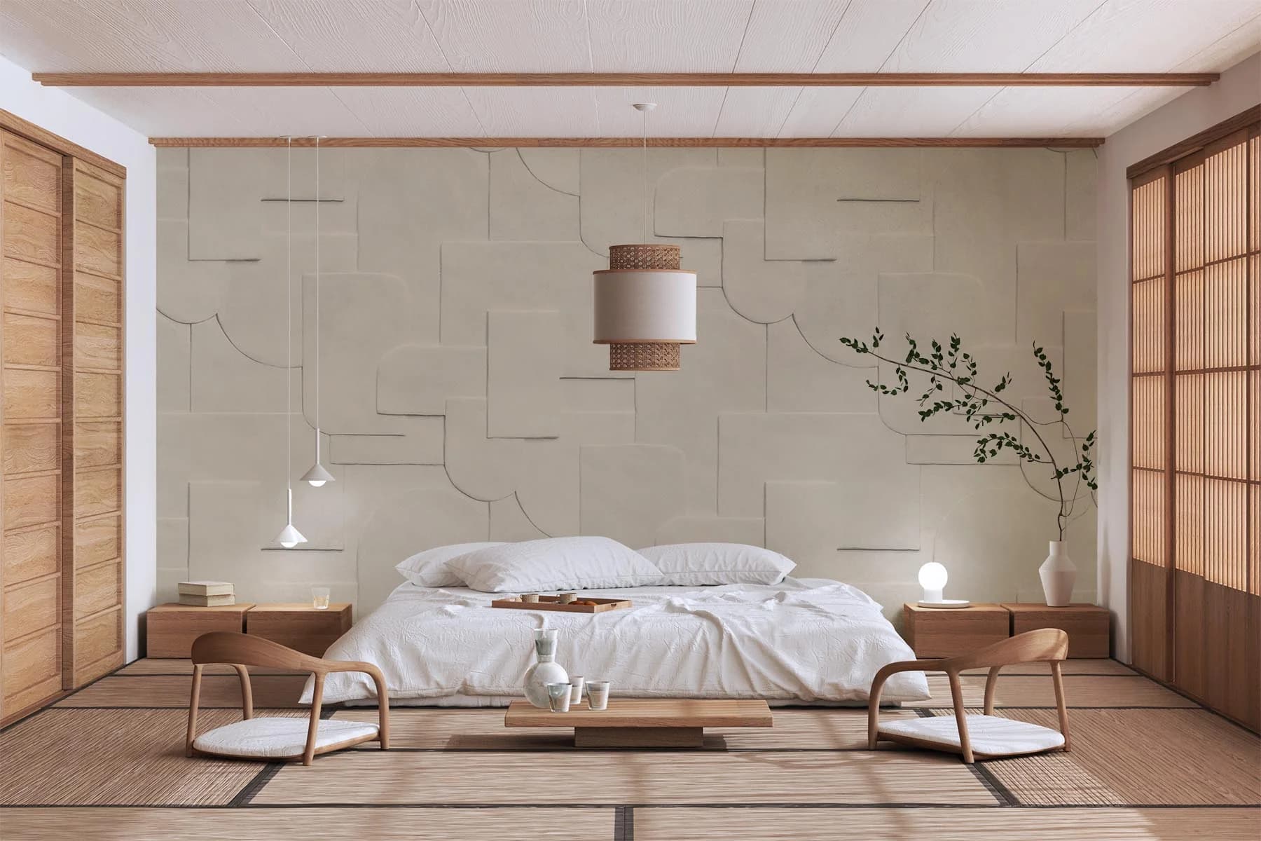A serene Japandi bedroom with low-profile wooden bed frame and minimalist bamboo accents