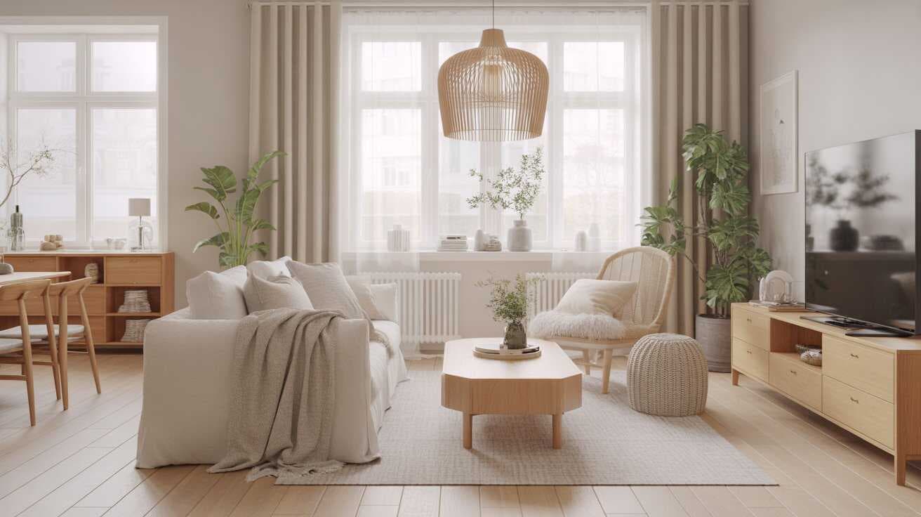A cozy Scandinavian lounge featuring light oak furniture, a cream rug, and soft knit blankets