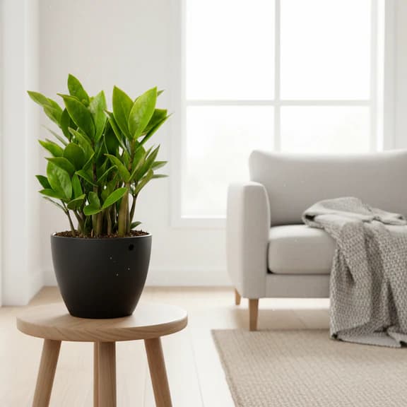 A ZZ plant with shiny dark green leaves in a simple pot on a side table
