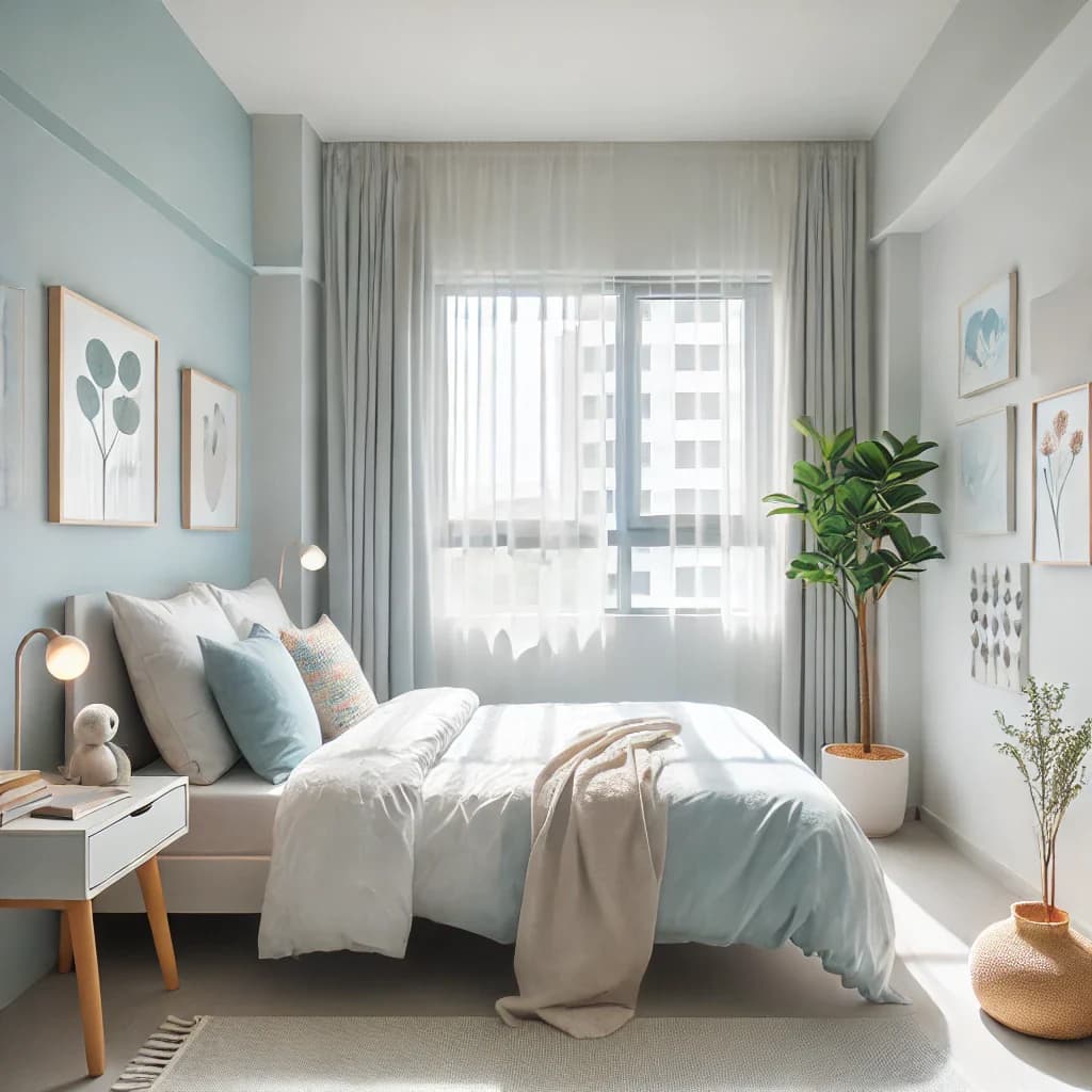 A serene and softly lit bedroom with muted tones and minimal furniture