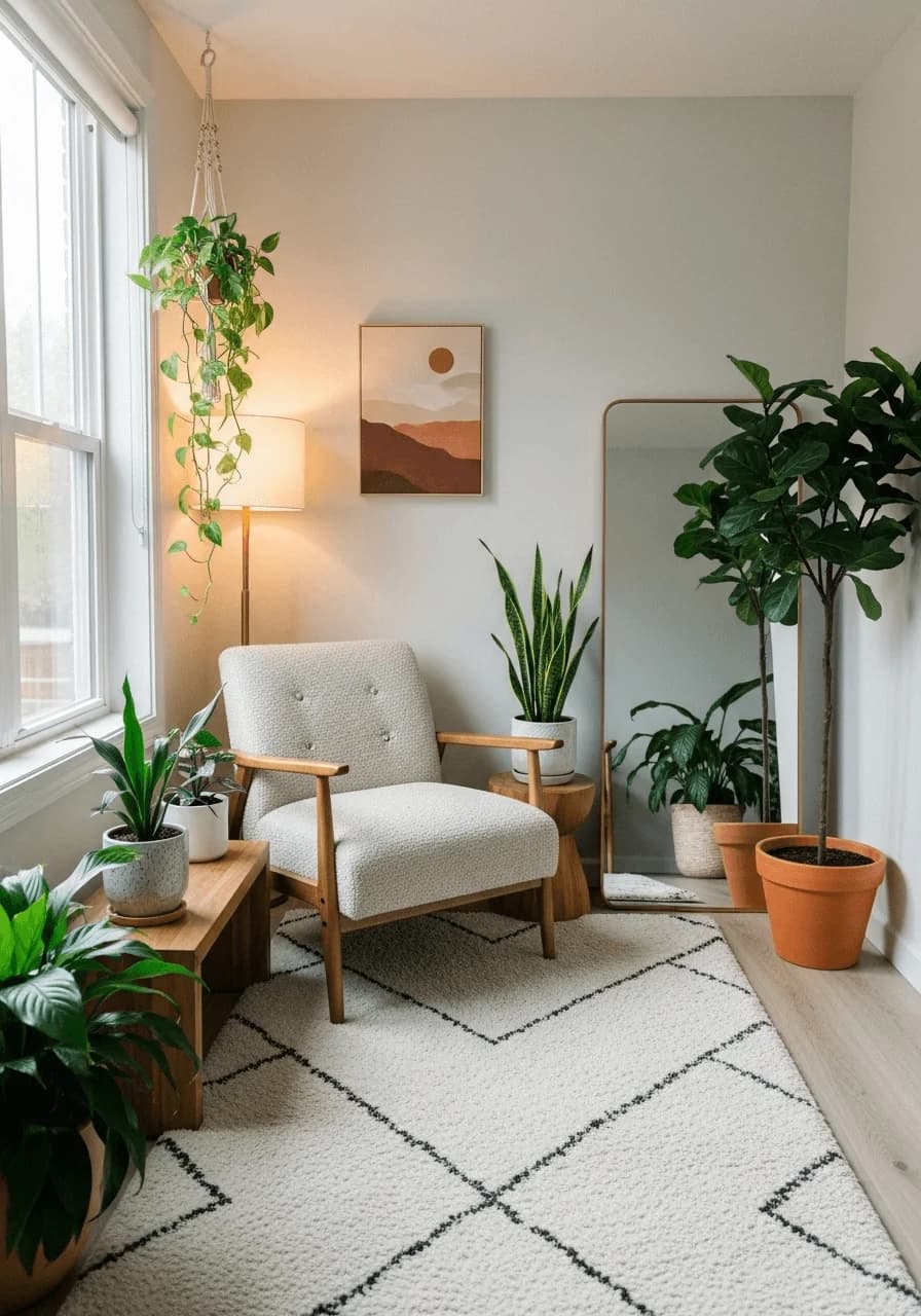 A tidy home corner with a small plant, a warm lamp, and a mirror with a simple wooden frame, all in soft, muted tones