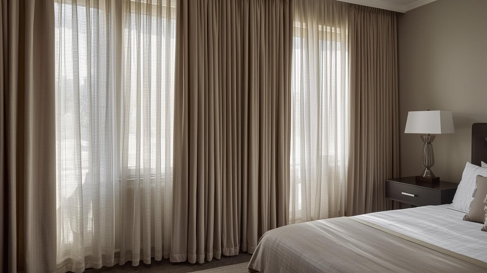 A close up of thick, pleated curtains showing deep folds and a full appearance