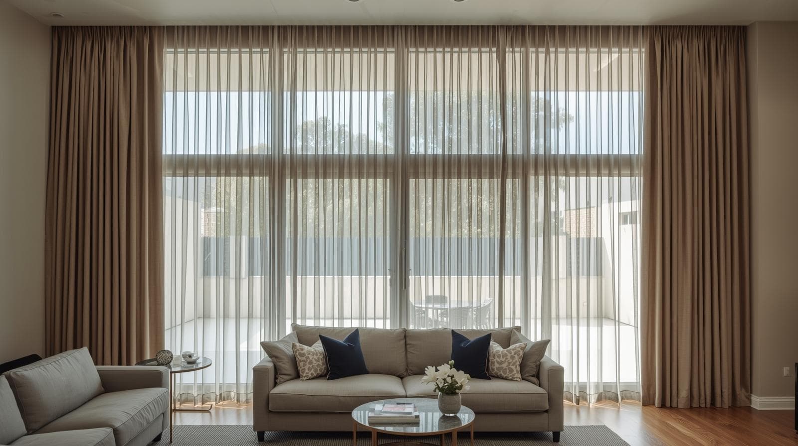 Floor to ceiling curtains hung high and wide, creating a luxurious and airy feel in a modern bedroom