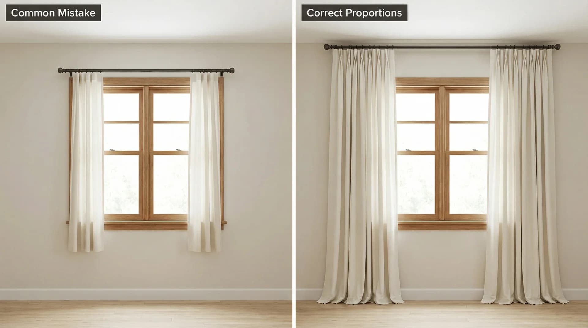 A comparison showing a window with a wide curtain rod that allows plenty of light versus a narrow rod that blocks the glass
