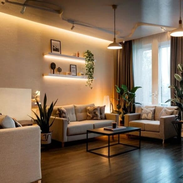 A warmly lit living room in the evening with soft yellow lighting from a floor lamp and ceiling light