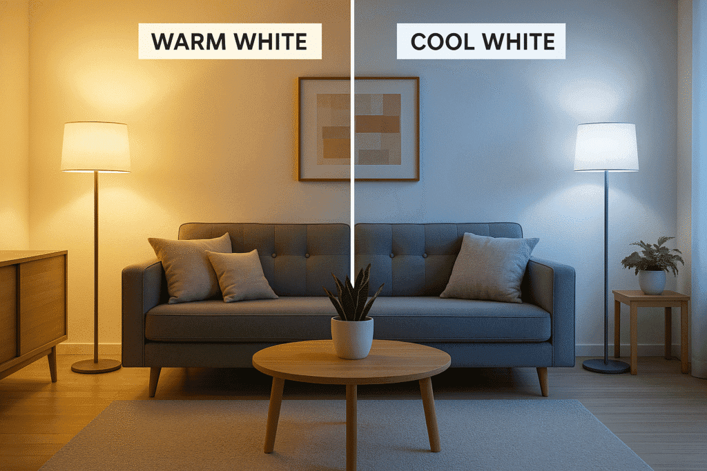 A side by side comparison of a room lit with warm yellow light versus cool white light
