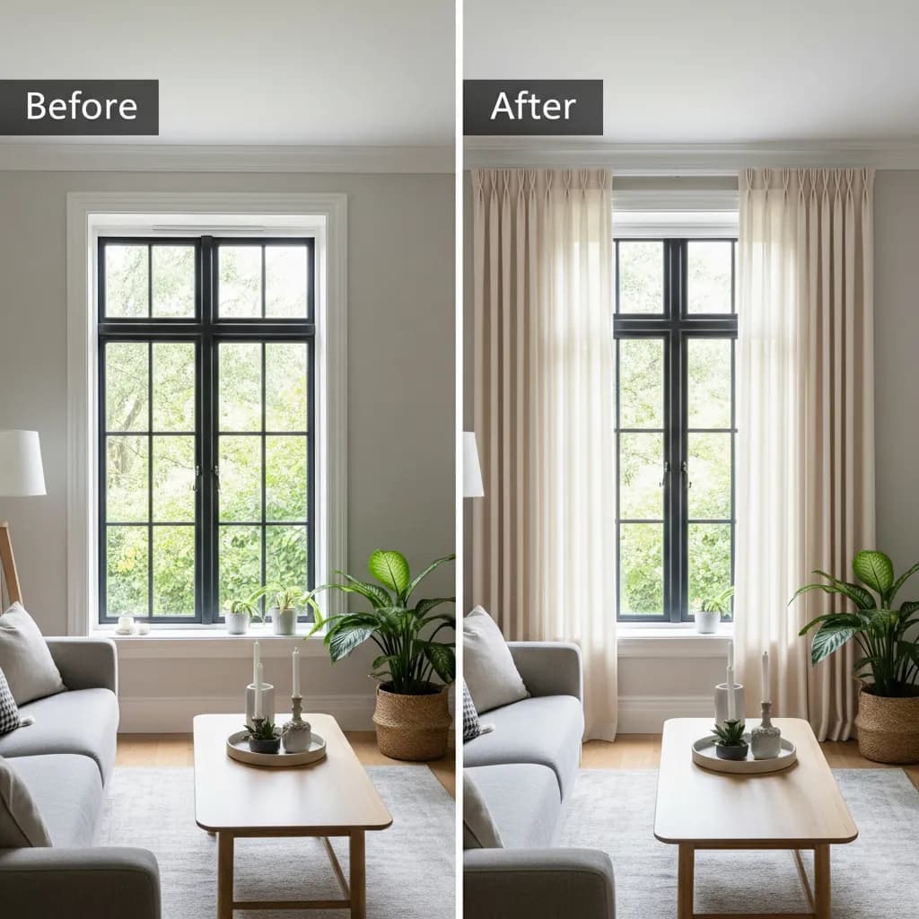 Floor-length linen curtains in a bright rental living room