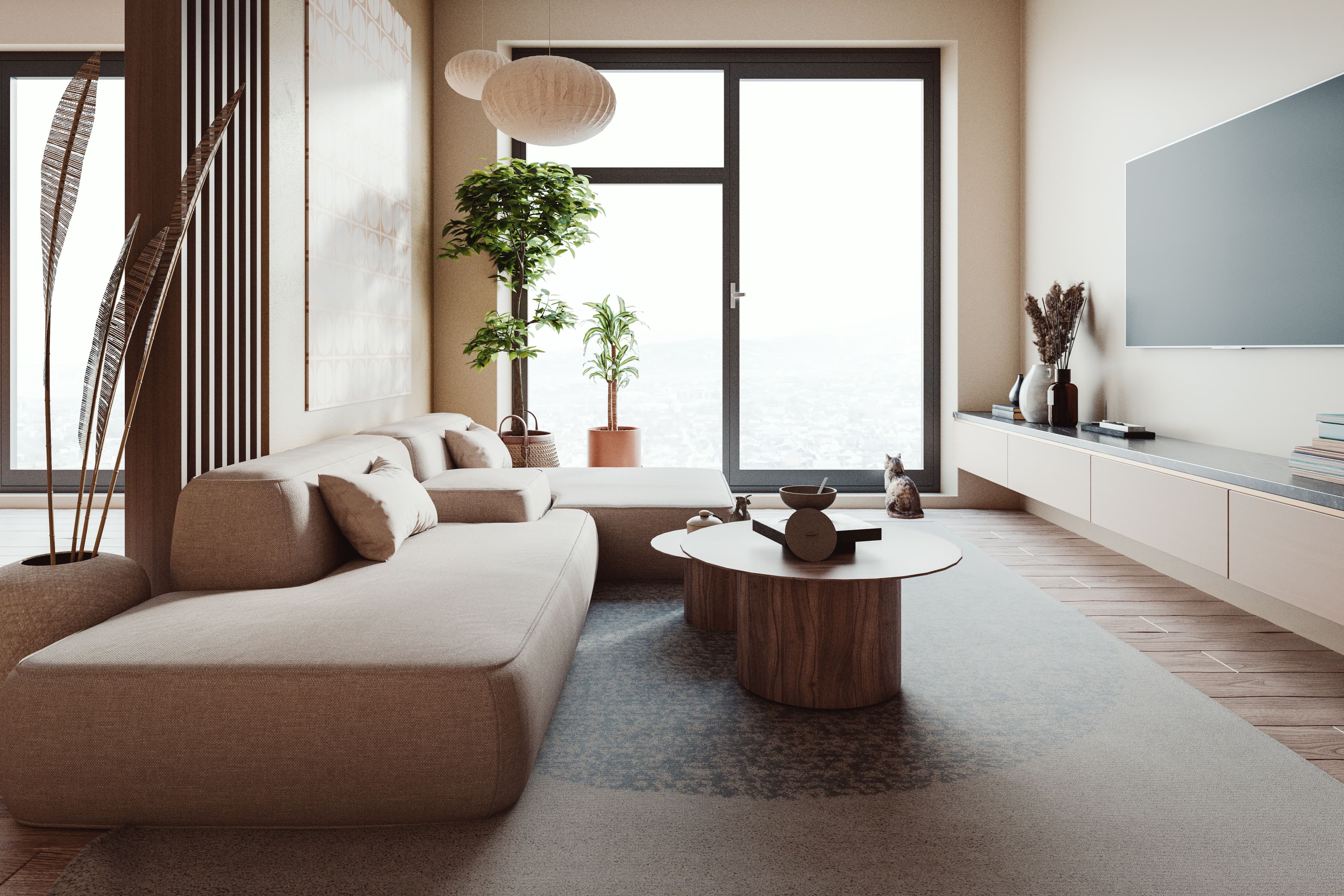 A clean and minimal Japanese-style living room with very little clutter