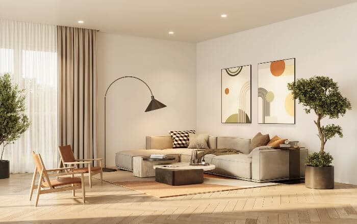 A modern living room setup in the featuring Scandinavian style chairs and a sleek coffee table