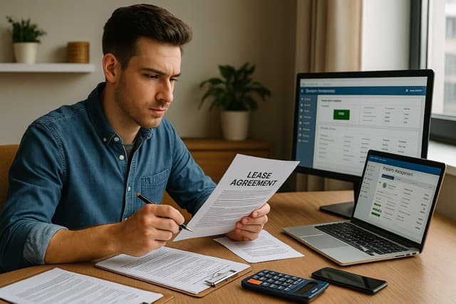 A landlord sitting at a table carefully reviewing documents from a prospective tenant