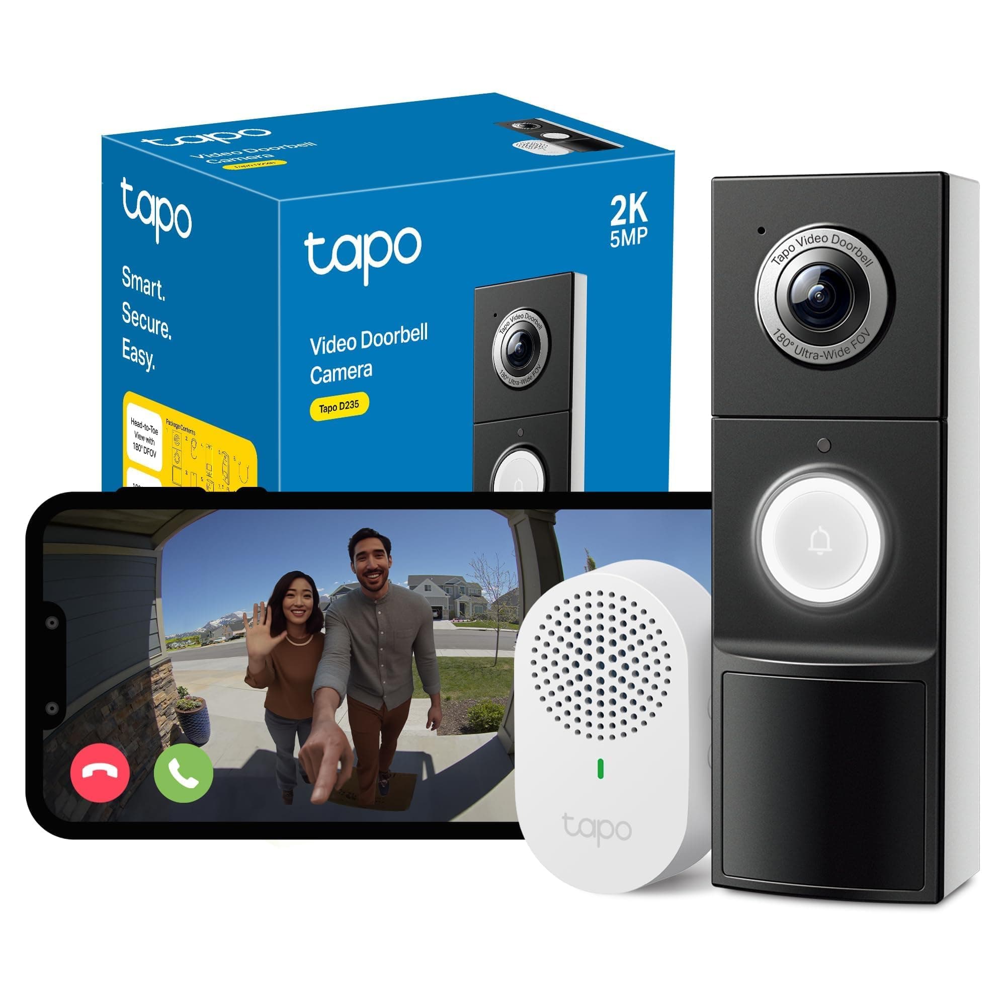 A sleek black and white Tapo D235 video doorbell with a prominent camera lens and ringer button