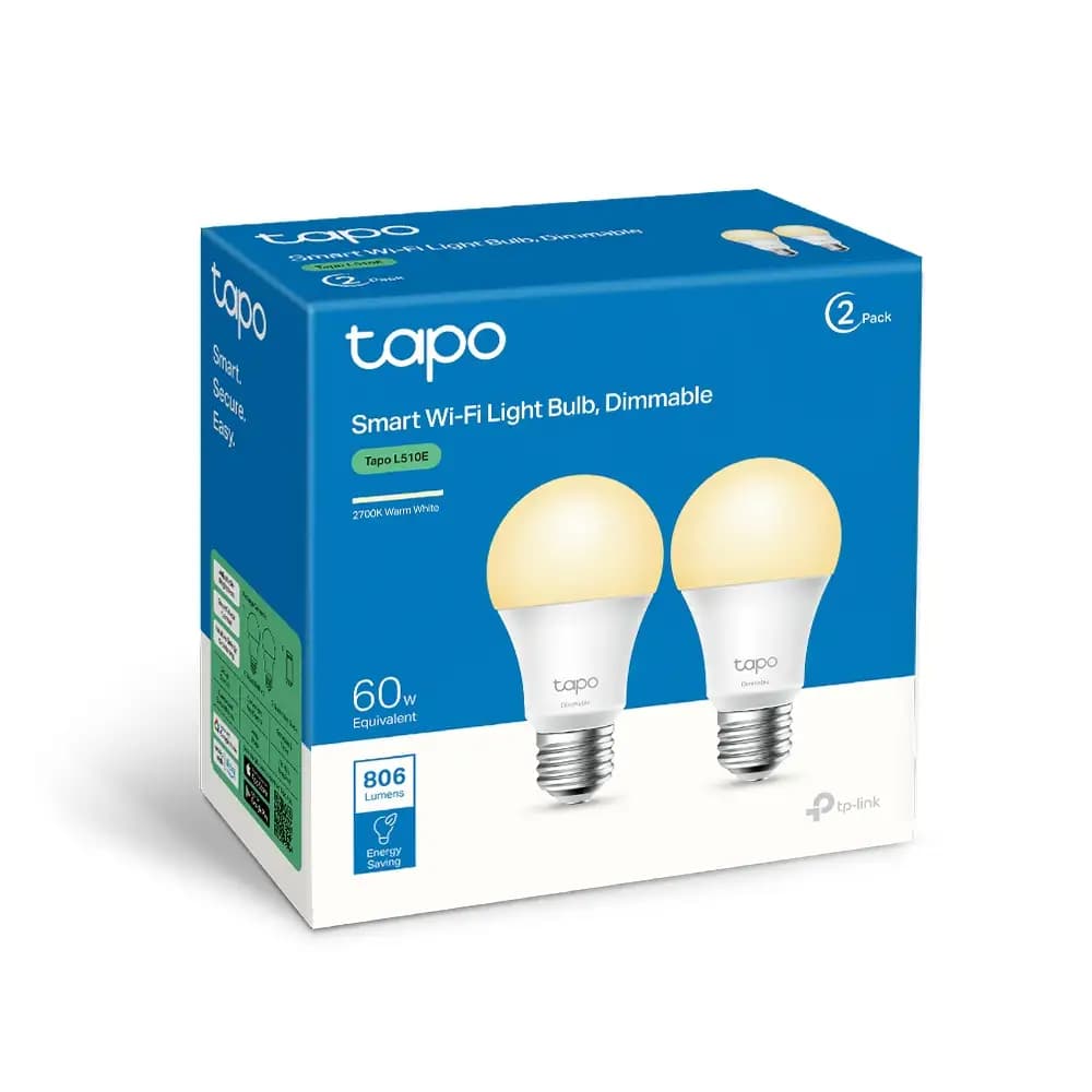 The TP-Link Tapo L510E smart bulb showing its classic pear shape and E27 screw base