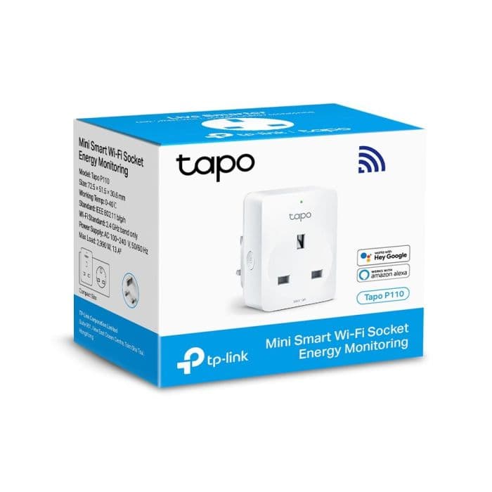 A compact white Tapo P110 smart plug with a small power button on the side