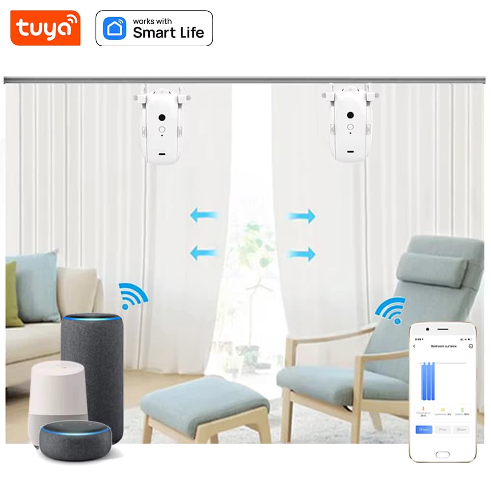 A white Tuya smart curtain robot designed to sit on a curtain pole or track