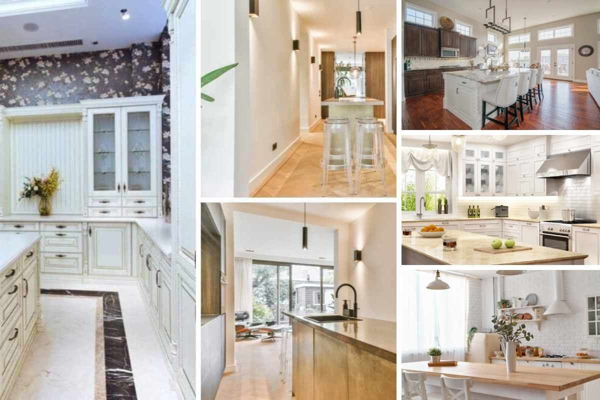 A collage showing different parts of a house including the exterior, the modern kitchen, and a clean bedroom