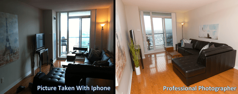 A comparison between a bright, clear interior photo and a dark, blurry photo of the same room