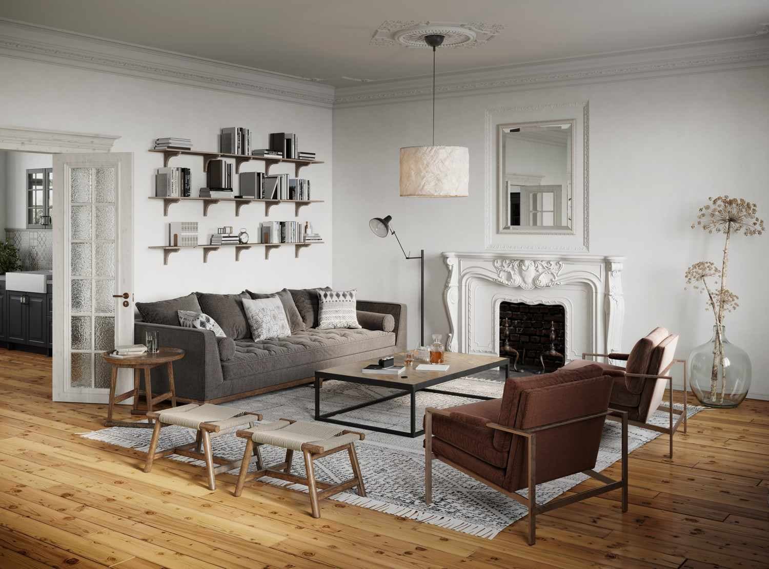 Sofa legs and an armchair sitting firmly on the edge of a textured area rug